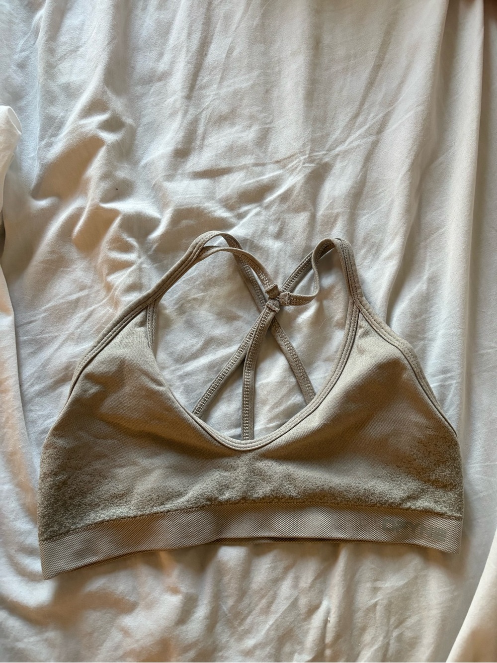 Seamless Taupe Sports Bralette with Strappy Crisscross Back